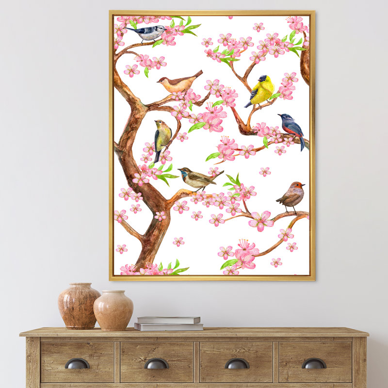 «Colorful Little Birds on Spring Flow», impression sur toile, H 20 po x l 12 po x P 1po, Encadrement doré