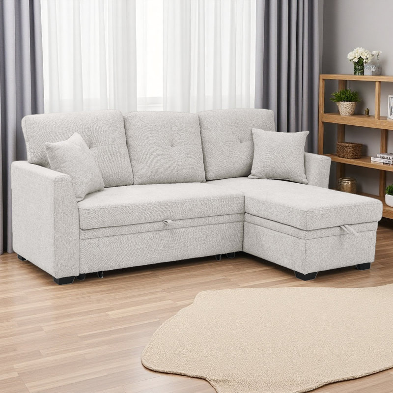 76.5" Linen Blend Upholstered Sectional With Pull-Out Bed And Chaise, Beige