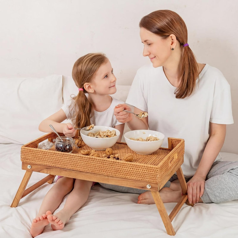 Rattan Breakfast Table Tray with Foldable Legs
