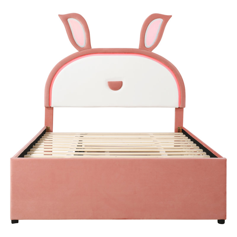 Lit plateforme tapissier avec lit gigogne et 3 tiroirs, tête de lit en forme de lapin avec lumières DEL intégrées,, Rose
