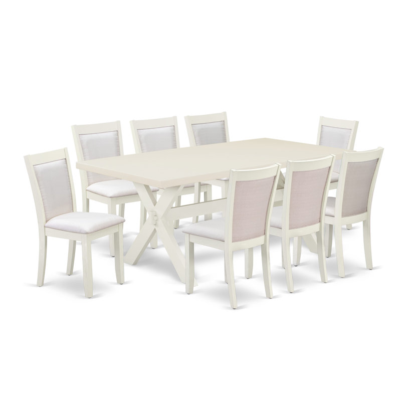 Kitchen Table Set -a Wood Dining Table and Parson Chairs - Wire Brushed Linen White Finish, 9, Cream