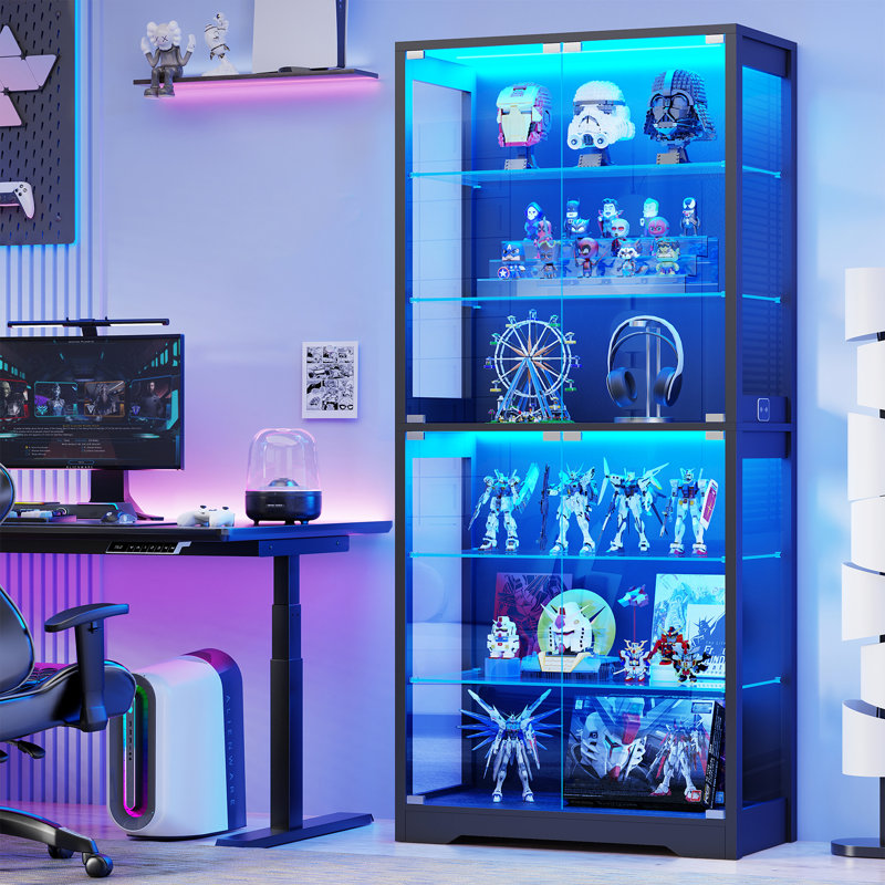 71" Display Cabinet With Glass Door, 6-Tier Curio Cabinet With 3 Color Light For Collectibles, Display Case With Adjustable Glass Shelves, Human Body Sensor, Black