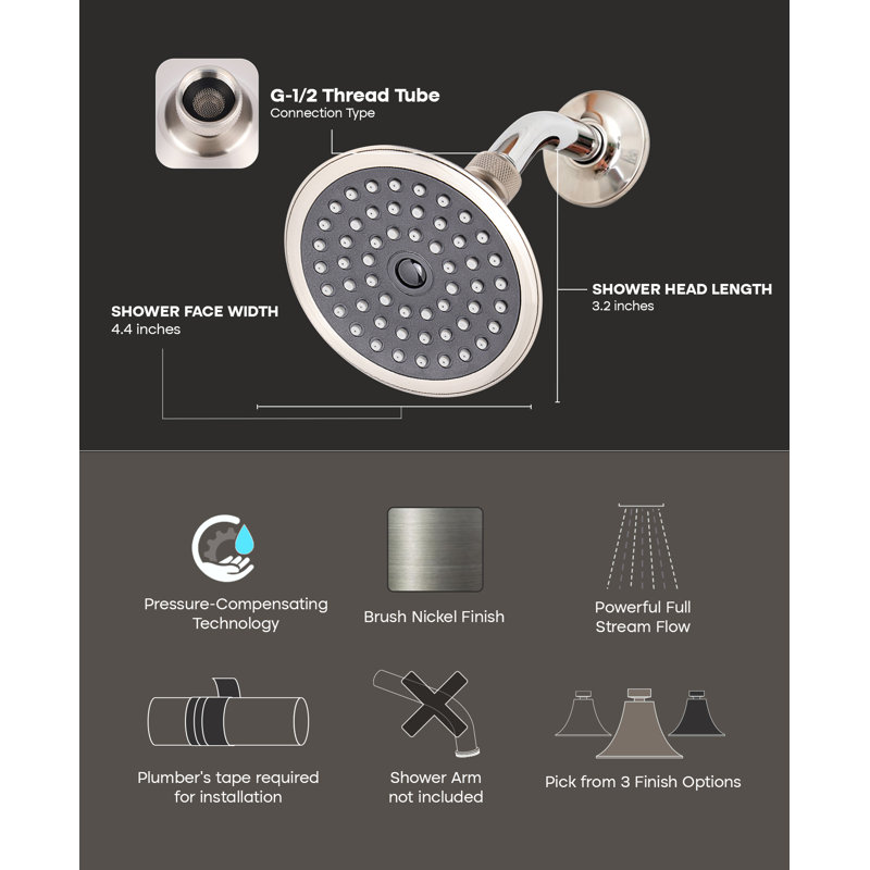 Single Function Adjustable Showerhead Brushed Nickel Luxury Design Spa Showerhead, 4.4" Face, Brushed Nickel