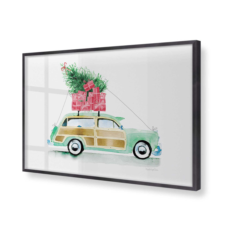 Impression de voiture de Noël rétro, Cadre en zinc patiné, H 12,25 po x l 15,25 po