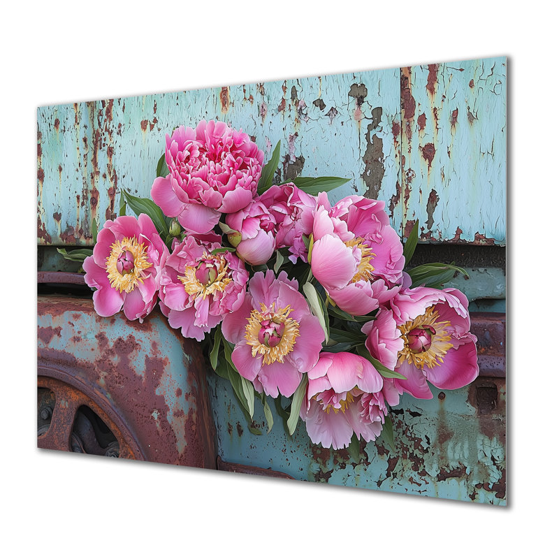 Pivoines par le vieux tracteur IV - reproduction d'art traditionnelle en métal, pivoines, art mural en métal