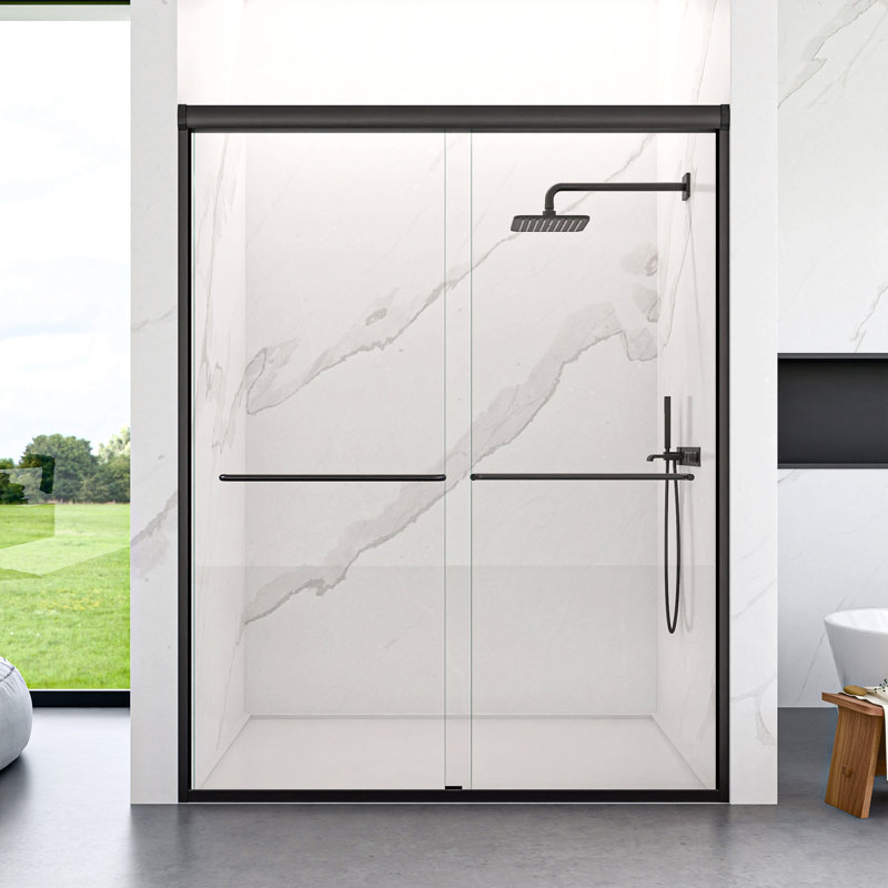 56"-60"W*72" H Semi-Frameless Double Sliding Shower Door, Bypass Shower Door, 1/4" (6Mm) Thick Sgcc Tempered Glass Door, Matte Black