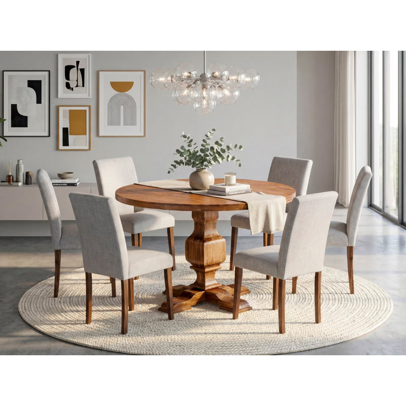 7 Piece Dining Set Consist of a Round Dining Room Table with Pedestal and 6 Doeskin Linen Fabric Upholstered Parson Chairs, Antique Walnut