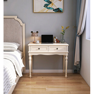 American Solid Wood Ivory White Vanity Writing Desk with 2 Storage Drawers Multi-Purpose Makeup Dressing Table for Bedroom