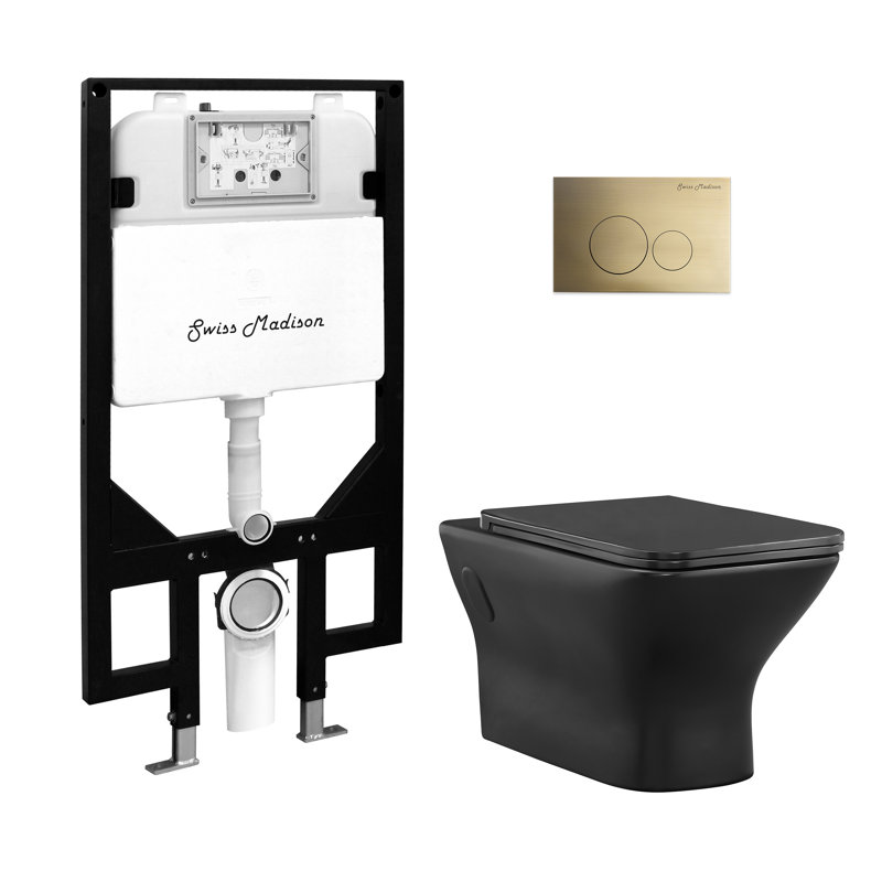 Carre Wall-Hung Toilet Bundle 0.8/1.6 GPF Dual Flush With Flush Plate, Matte Black/Brass