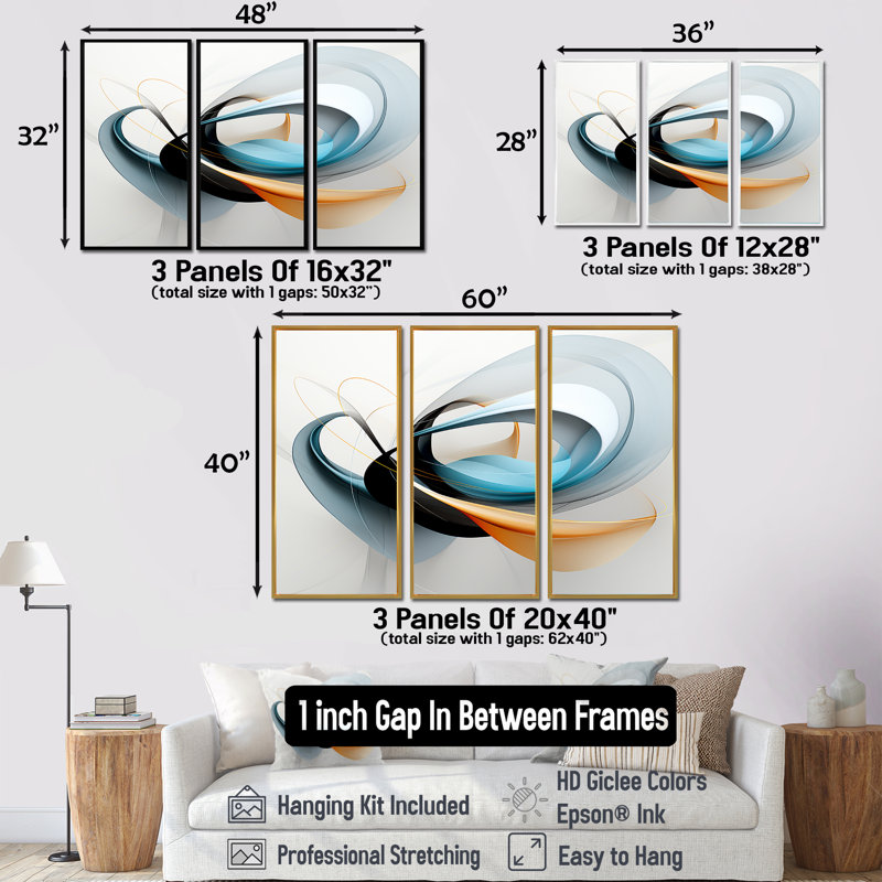 Ensemble de décorations murales Minimal Streams Turquoise Gold - Abstract Modern Waves, Cadre flottant doré
