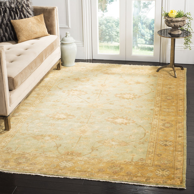 Light Blue and Gold Hand-Knotted Wool 9' x 12' Rug