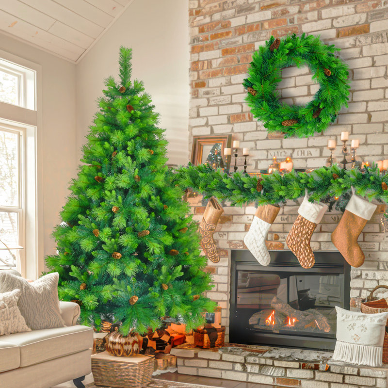 Arbre de Noël herbe 6 pi, grandes branches de pin, ensemble pré-éclairé avec arbre et guirlande et couronne, arbre de Noël artificiel avec pommes de pin, arbre de Noël à charnières, pour la fête des Fêtes