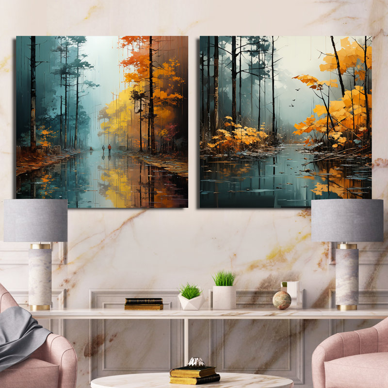 Autumn Forest Solitude - Ensemble de 2 collages carrés forêt, H 30 po x l 61 po, Toile tendue