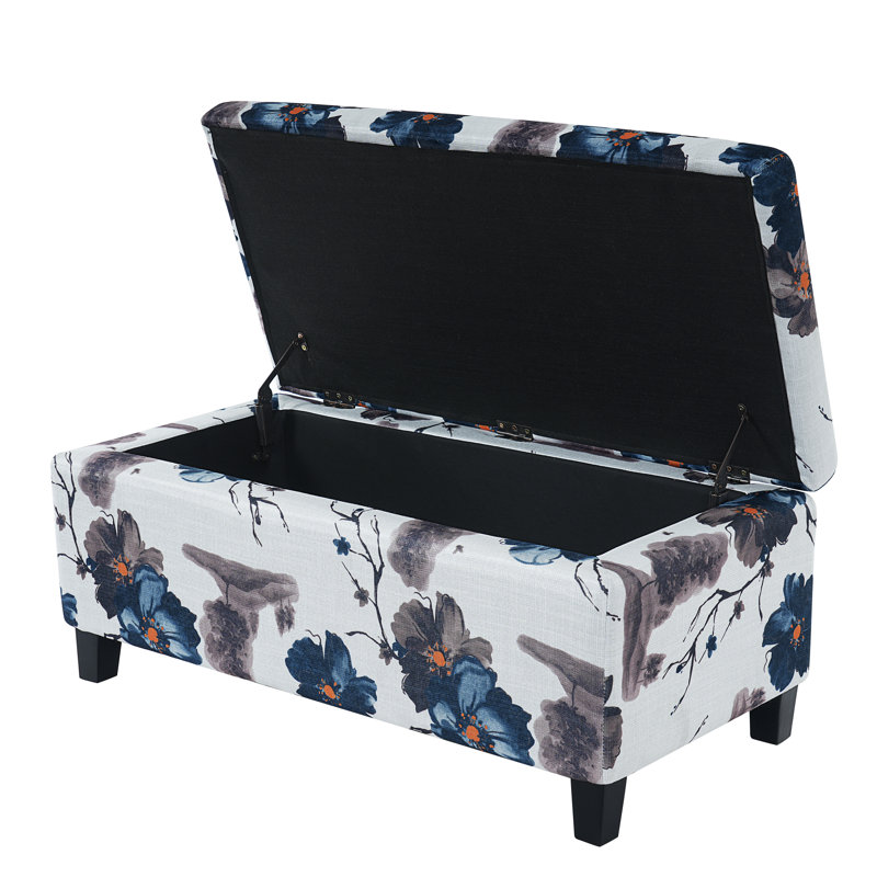 Ingerson 39" Wide Rectangle Ottoman with Storage, Blue Flower and White