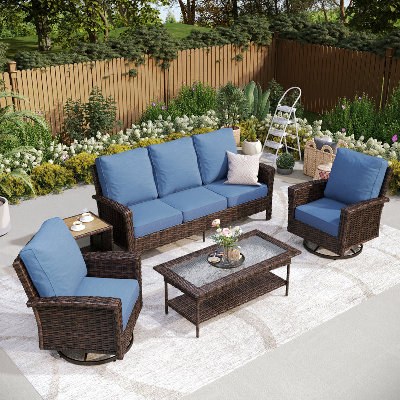 Outdoor Wicker Patio Conversation Furniture Set, Navy, No