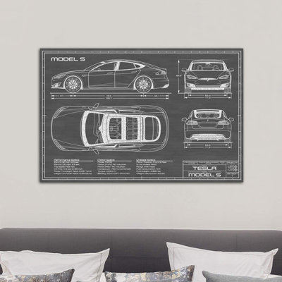 Tesla Model S (2016-2020) | Black by Action Blueprints - Wrapped Canvas Print