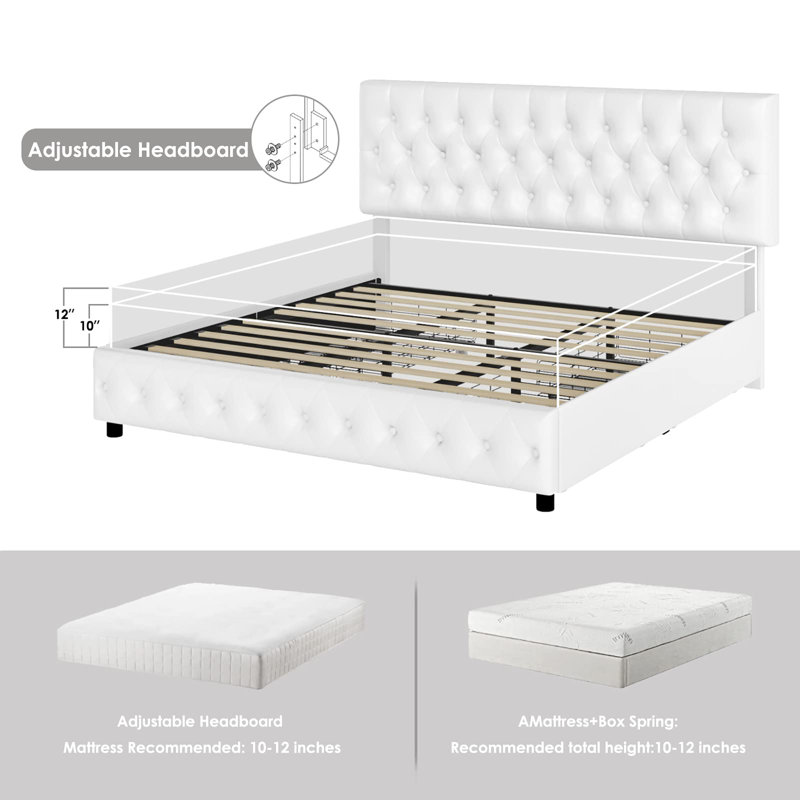 Structure de lit moderne avec 4 tiroirs, Blanc, Lit double