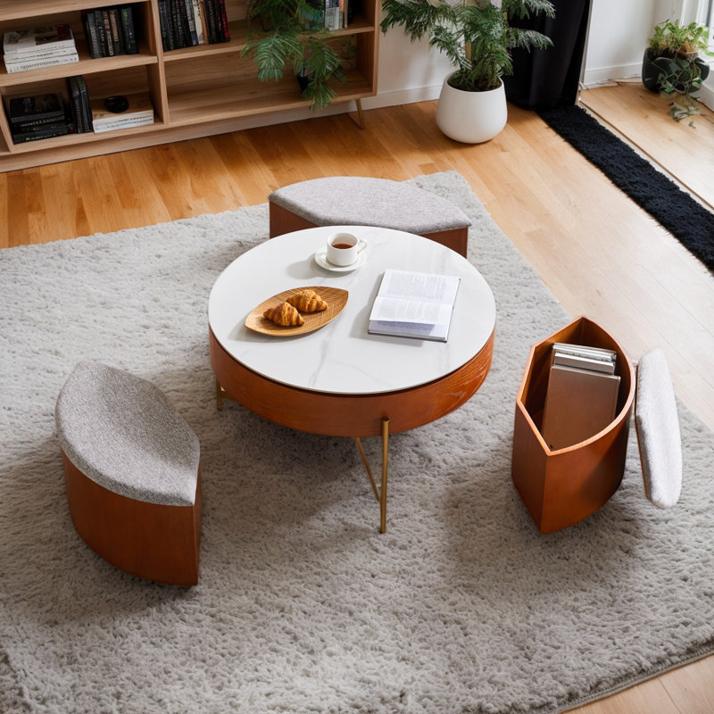 Rhuari 31.5" Multi-Functional Round Lift-Top Coffee Table with Nesting Stools