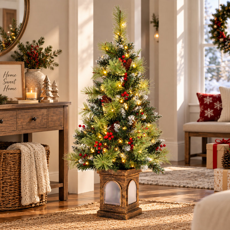 Arbre de Noël artificiel pin vert givré 4 po avec 100 lumières et base lanterne décorative
