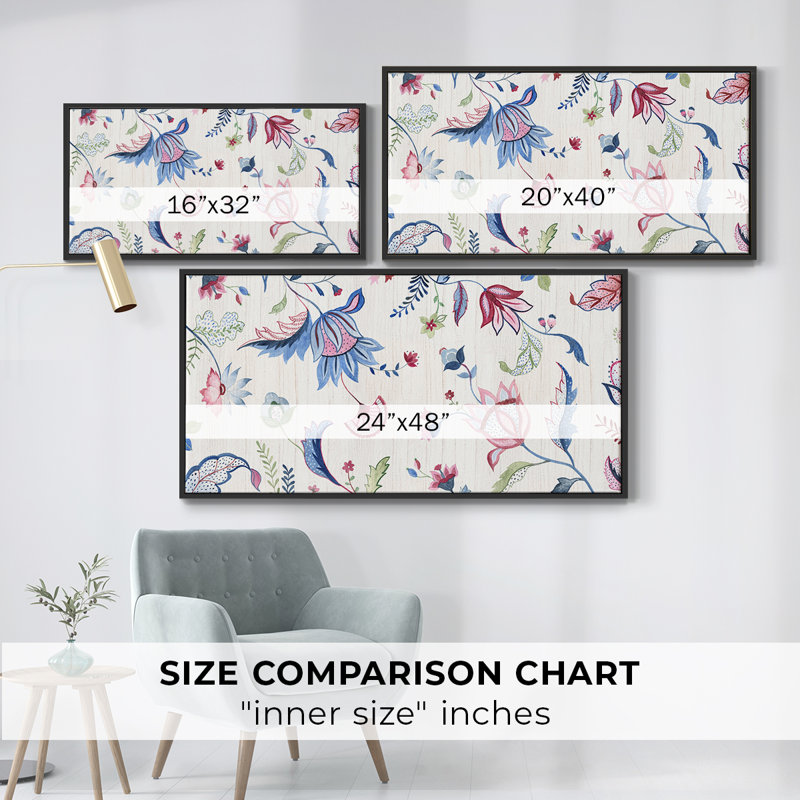 Jacobean Floral- Framed Gallery Wrapped Canvas -Ready to Hang, Black, 21" H x 41" W