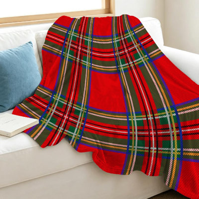Jeté en flanelle verte ultra douce, imprimé tartan abstrait rouge