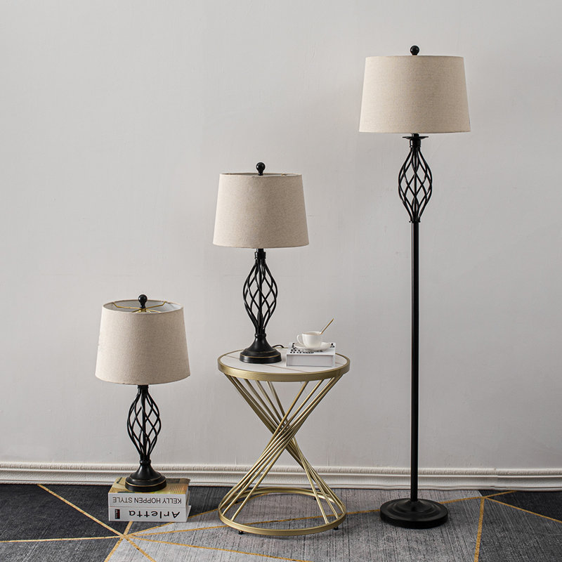 Ensemble de lampes de table et de plancher en fer forgé Gimbya avec interrupteur à 3 voies (ensemble de 3), Noir
