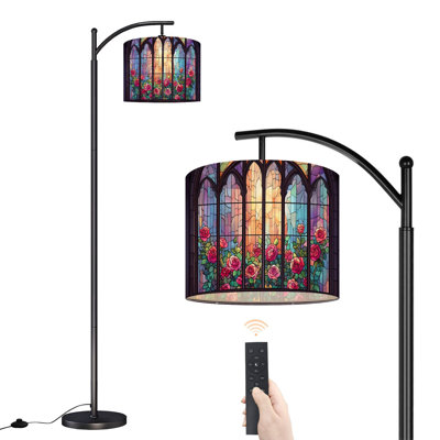 Arc Floor Lamp with Adjustable Lampshade Window Pink Roses Vibrant Standing Lamp 3 Color Temperatures Dimmable Tall Pole Lamp with Foot Switch for Bedroom