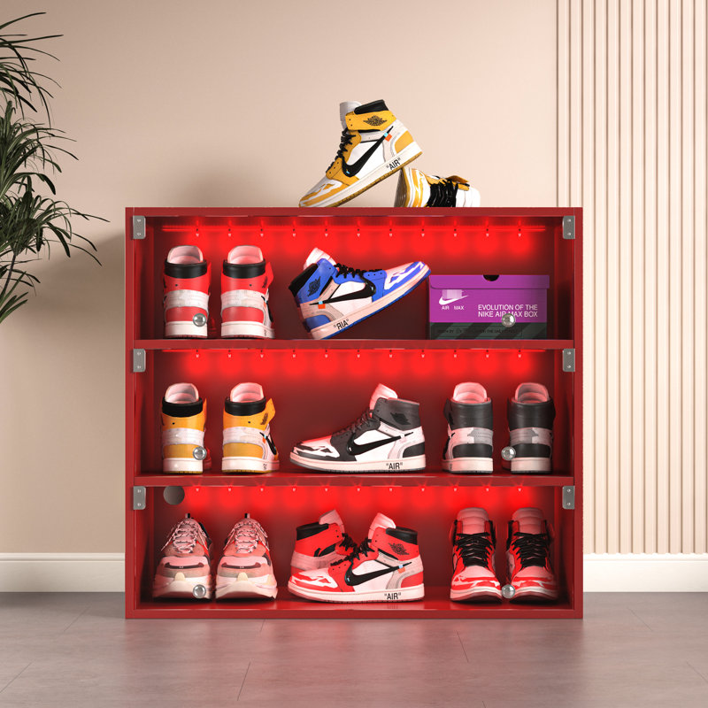 Armoire à chaussures rouge avec DEL et verre - Peut accueillir 9 paires de style antique, des portes en bois pour ranger des paires de chaussures de sport