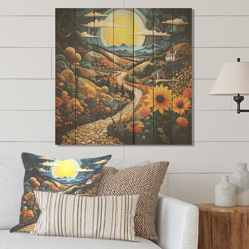 Colourful Rural Fantasy Landscape III - Romantic Landscape On Wood Print, 30" H x 30" W