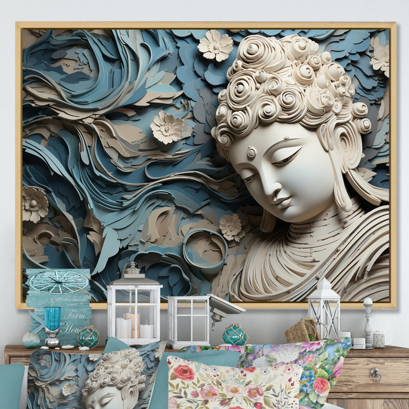 Statue religieuse bouddhisme I - décoration murale bouddhisme, Cadre naturel flottant, H 30 po x l 40 po x P 1,5 po
