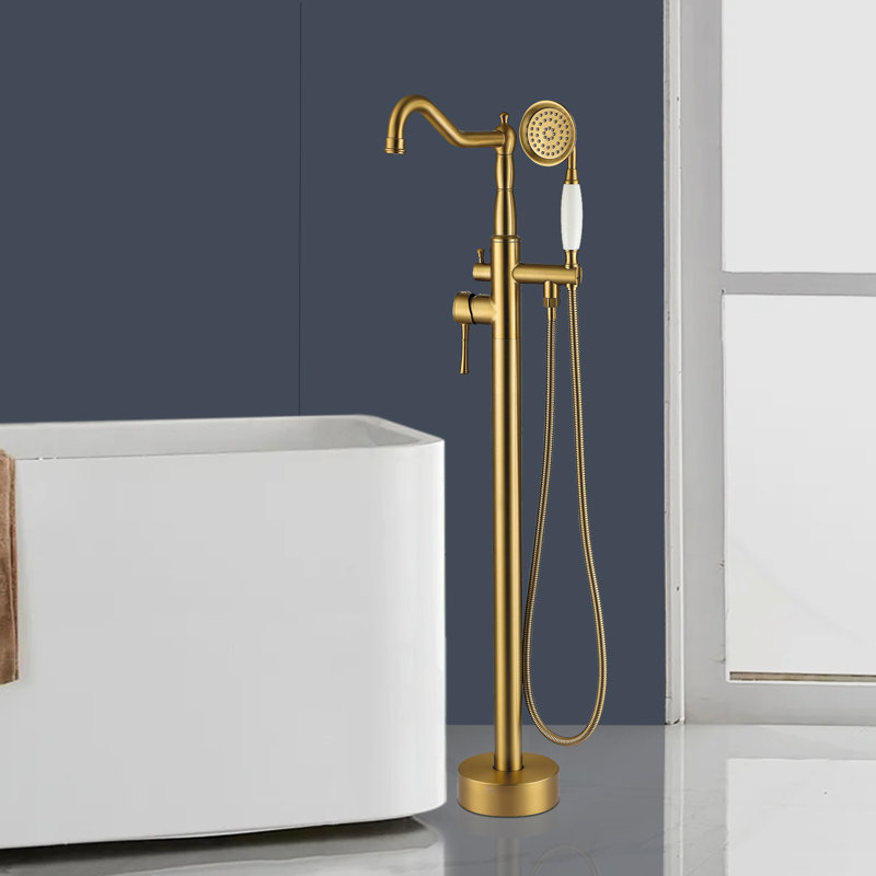 Double Handle Floor Mounted Tub Filler With Handshower, Brushed Brass
