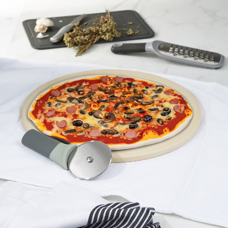 Large Beige Cordierite Pizza Set with Stainless Steel Cutter and Grater