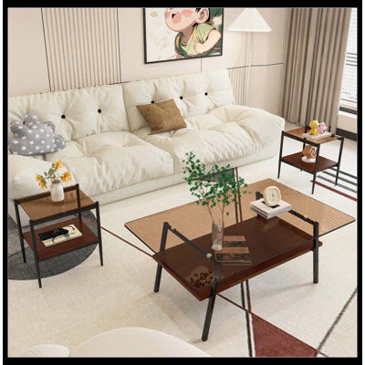 Coffee Table And End Tables Set Of 3, Tempered Glass Table With MDF Layer, Modern Tables For Living Room , Brown Glass