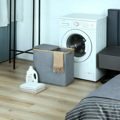 Double Hamper With Lid, Two Removable Liners & Bamboo Handles, 2-Section Laundry Basket For Bedroom, Bath Or Laundry Room