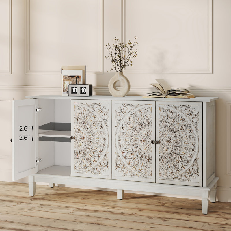 Buffet 58,3 po sculpté avec porte et pieds en bois massif, Blanc