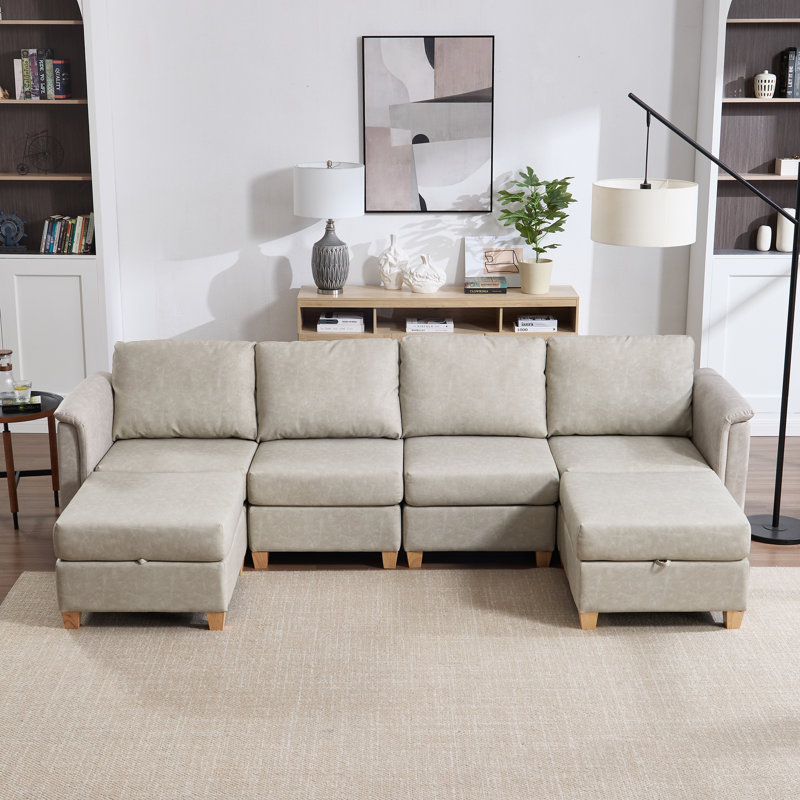 6-Piece Modern Upholstered Sectional Sofa, Beige Faux Leather, Natural