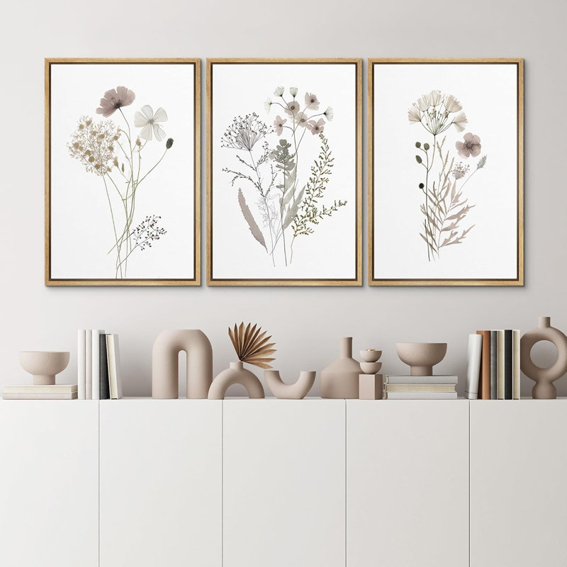 Minimal Botanical "Wildflowers Floral Artwork, Simple Neutral Minimalist Wall Pictures, Large Framed Canvas Giclee Print 3 Pieces Wall Art" 16"x24"x3 pcs, 24"x36"x3 pcs