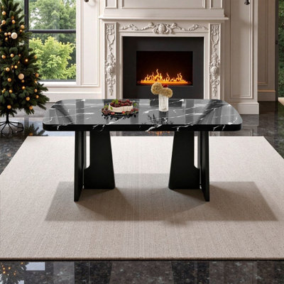 Table de salle à manger de 63 pouces en faux marbre avec base géométrique en MDF