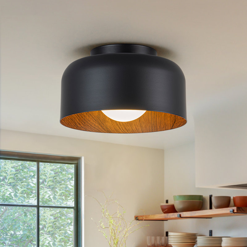 1-light Metal Dome Semi Flush Mount With Glass Globe Diffuser, Matte Black