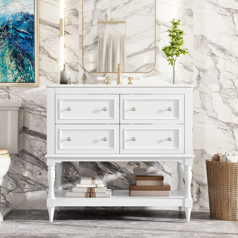 Meuble-lavabo avec lavabo supérieur, 4 tiroirs et tablette inférieure, Blanc