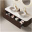 Meuble-lavabo et lavabos pour salle de bain 60 po, 2 tiroirs, 2 lavabos ronds en céramique blanc et plateau en pierre frittée blanc Carrara, pré-assemblé, grain de bois foncé