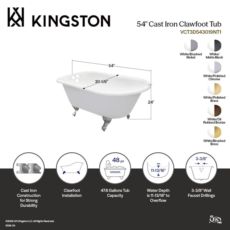 Kingston Brass Aqua Eden 54-Inch Cast Iron Oval Rectangular Roll Top Clawfoot Tub (3-3/8-Inch Wall Drillings), Brushed Brass