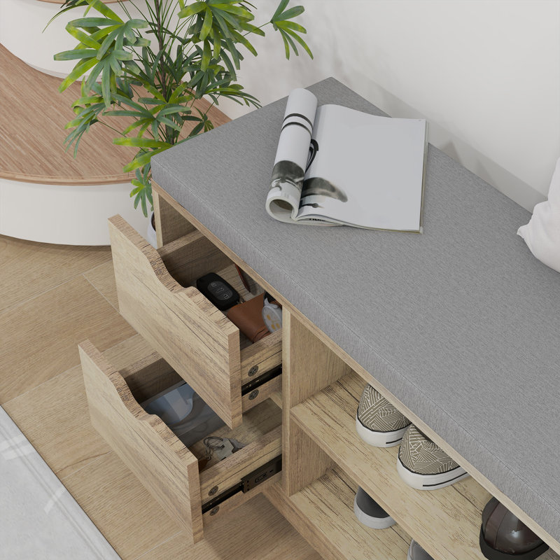 Entryway Shoe Bench with Storage Drawer Open Shelf Pocket Grey