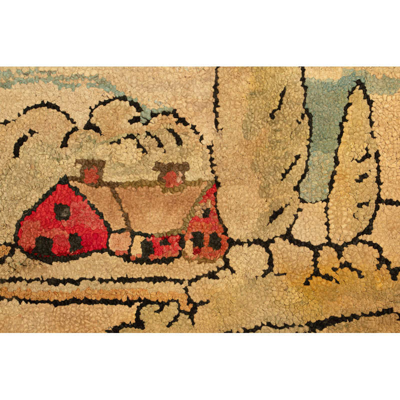 Antique Hooked Rug In Beige-Brown Landscape Pictorial - Rug & Kilim
