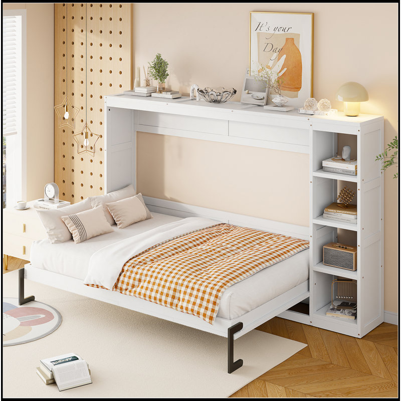 Murphy Bed With Bookshelf, White, Full