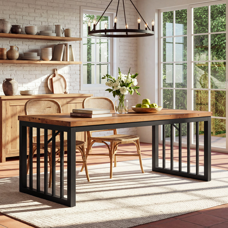 63" Solid Wood Dining Table for 4-6, Kitchen Table Sturdy Iron Frame