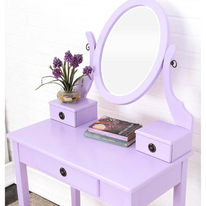 Table de coiffeuse et tabouret en bois mauve avec miroir de rangement réglable à 3 tiroirs, Purple