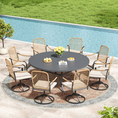 8 - Person Outdoor Dining Set With Cushioned Swivel Woven Rattan Chairs