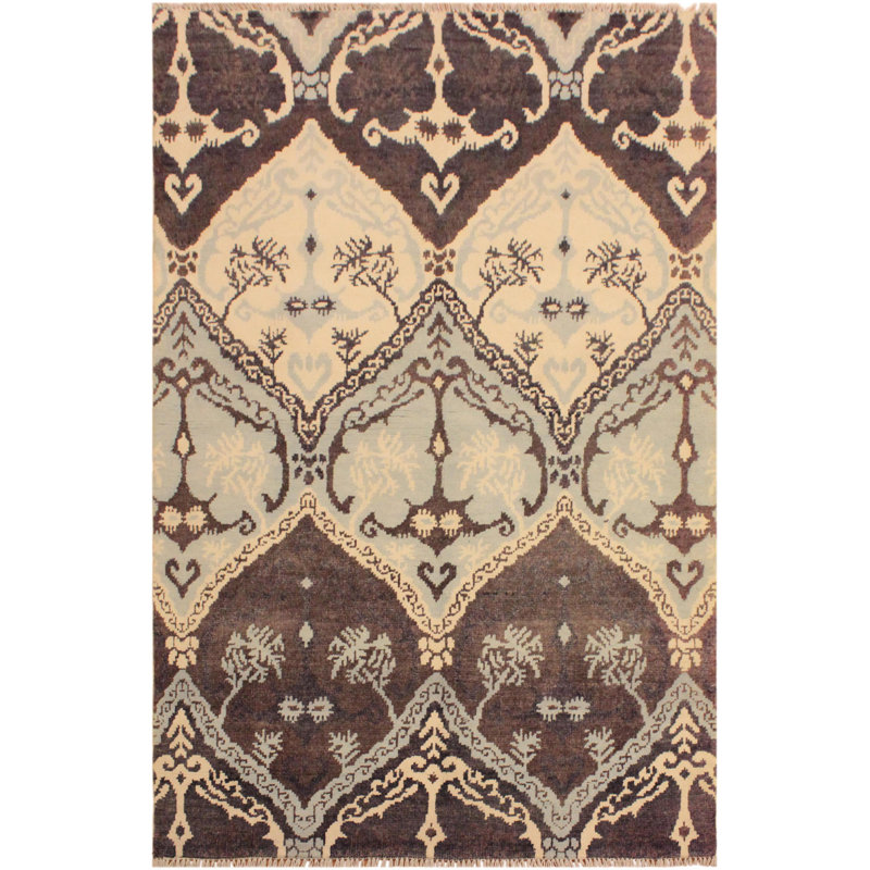 Tapis ivoire / brun en laine noué à la main à motif floral 4 pi x 6 pi Floral