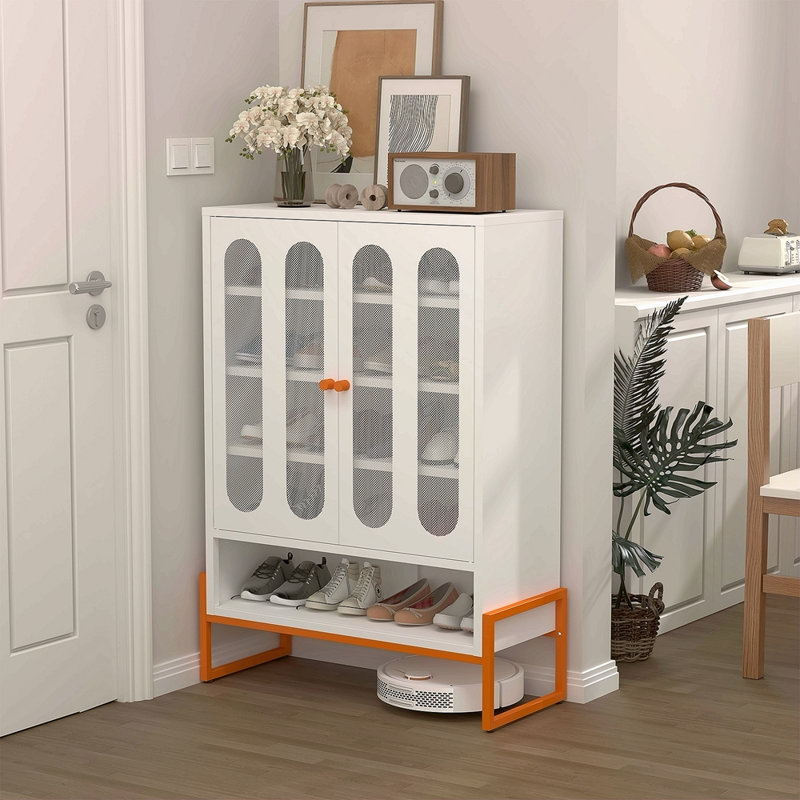 Armoire à chaussures moderne à double porte minimaliste avec portes réglables en maille et armoire de rangement à haut pied creux, compatible avec les aspirateurs robotiques